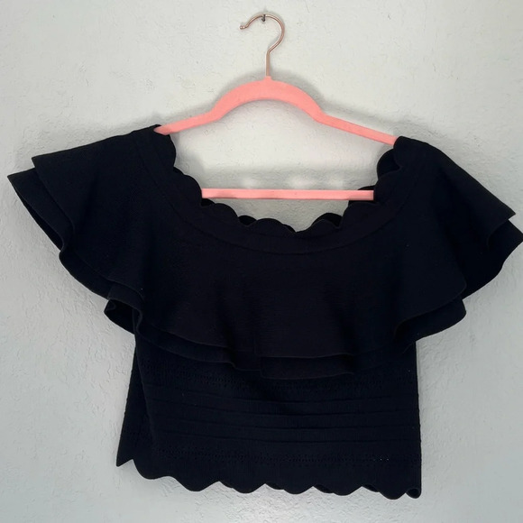 Endless Rose Black Ruffle Off the Shoulder Eyelet Crop Top with Scalloped Edge S - Picture 9 of 10